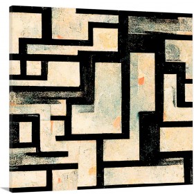 Cuadro abstracto geométrico en tonos beige y negro, con diseño de líneas rectas y formas en bloque-Cuadrostock