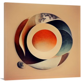 Cuadro abstracto geométrico con esferas en tonos cálidos, marrones y azulados, evocando un paisaje cósmico-Cuadrostock