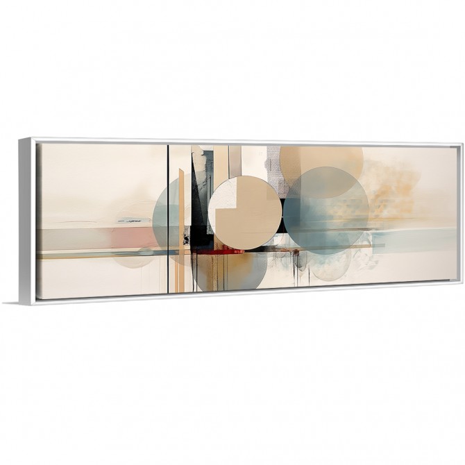 Cuadro decorativo panorámico con círculos y líneas abstractas en beige, azul y tonos tierra