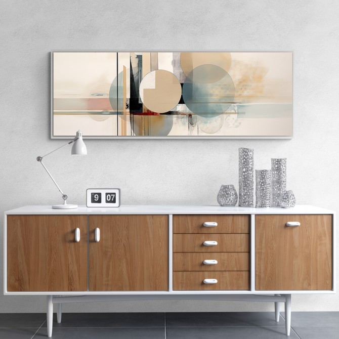 Cuadro decorativo panorámico con círculos y líneas abstractas en beige, azul y tonos tierra Cuadro decorativo panorámico con círculos y líneas abstractas en beige, azul y tonos tierra