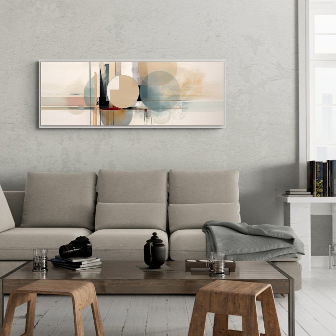 Cuadro decorativo panorámico con círculos y líneas abstractas en beige, azul y tonos tierra