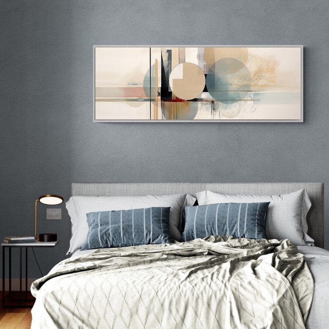 Cuadro decorativo panorámico con círculos y líneas abstractas en beige, azul y tonos tierra