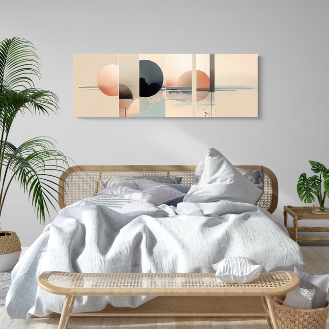 Cuadro panorámico moderno y abstracto en tonos rosas, gris y cremas