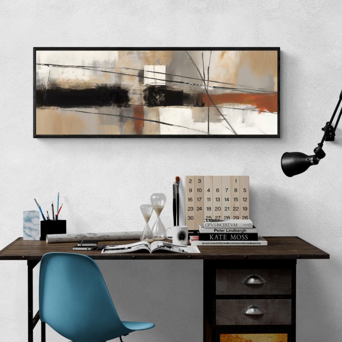 Cuadro abstracto moderno con líneas y formas en tonos beige, negro y toques terracota-Cuadrostock