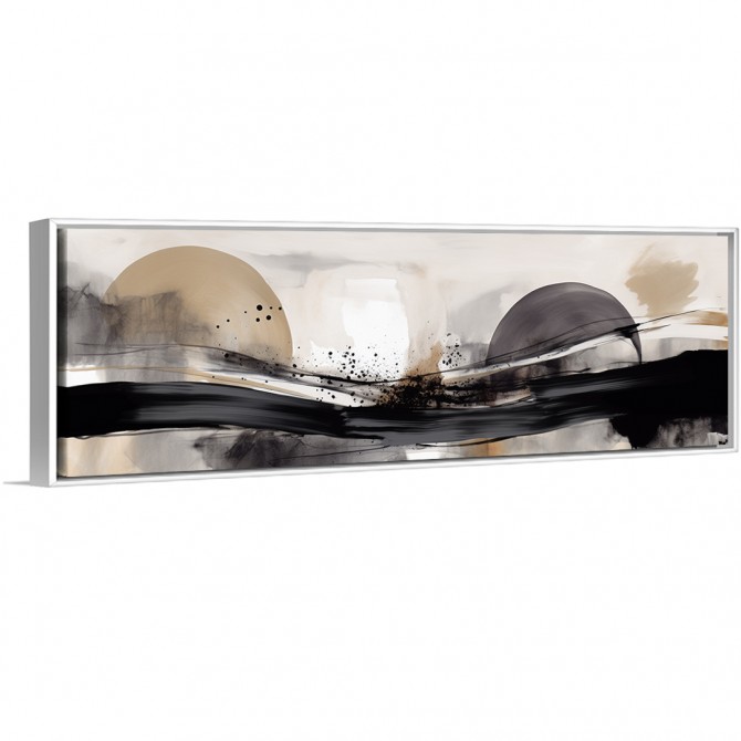 Cuadro abstracto con esferas y trazos negros sobre fondo neutro en tonos beige y gris-Cuadrostock
