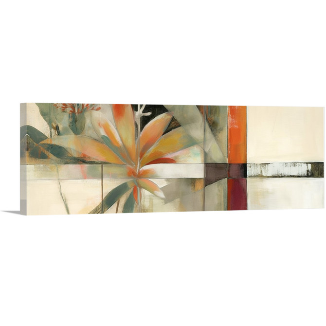 Cuadro floral con hojas y pétalos en tonos naranjas, verdes y beige, con composición abstracta geométrica.
