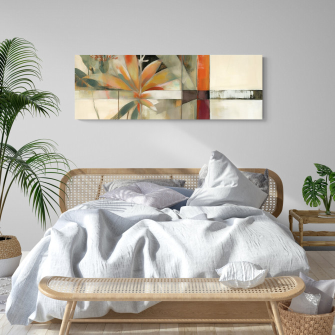Cuadro floral con hojas y pétalos en tonos naranjas, verdes y beige, con composición abstracta geométrica. Cuadro floral con hojas y pétalos en tonos naranjas, verdes y beige, con composición abstracta geométrica.