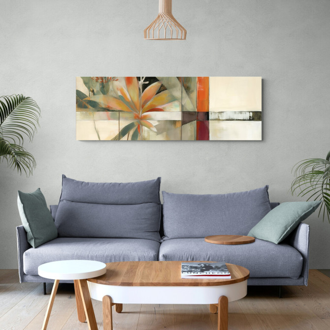 Cuadro floral con hojas y pétalos en tonos naranjas, verdes y beige, con composición abstracta geométrica.