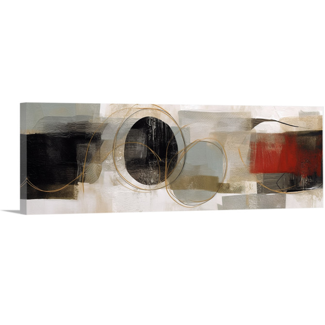 Cuadro panorámico abstracto con formas elípticas en negro, rojo y beige sobre fondo neutro
