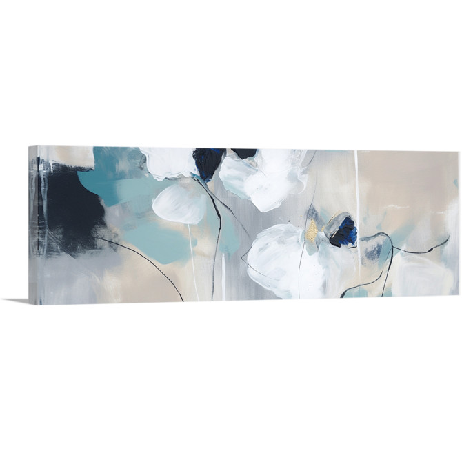 Cuadro abstracto con flores estilizadas en tonos azules, blancos y beige, ideal para decoración moderna-Cuadrostock