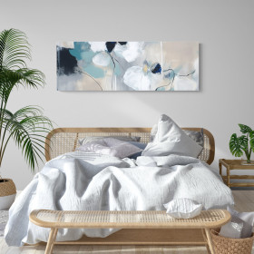 Cuadro abstracto con flores estilizadas en tonos azules, blancos y beige, ideal para decoración moderna-Cuadrostock