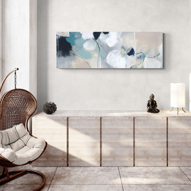 Cuadro abstracto con flores estilizadas en tonos azules, blancos y beige, ideal para decoración moderna-Cuadrostock