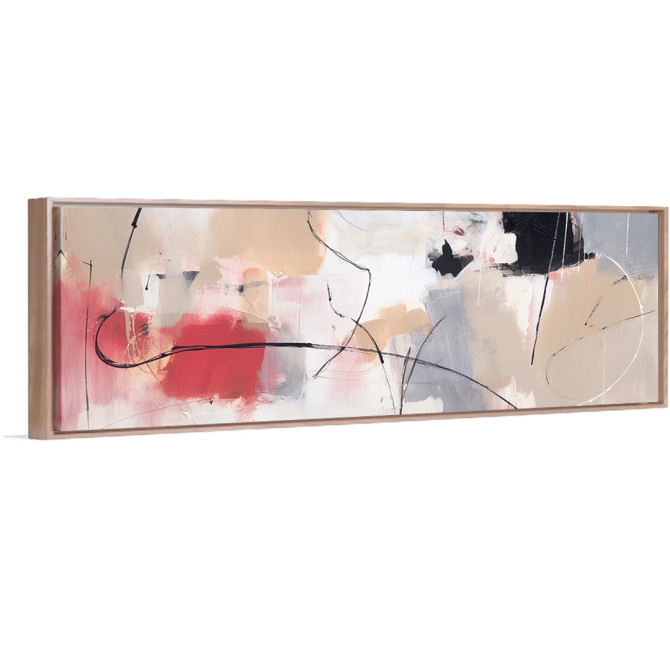 Cuadro panorámico abstracto con tonos arena, blanco, gris y rojo coral sobre fondo claro