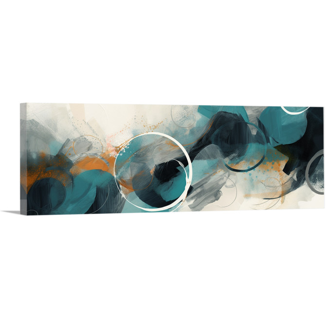 Cuadro abstracto con círculos y trazos dinámicos en tonos azules, naranjas y negros, ideal para decoración moderna-Cuadrostock