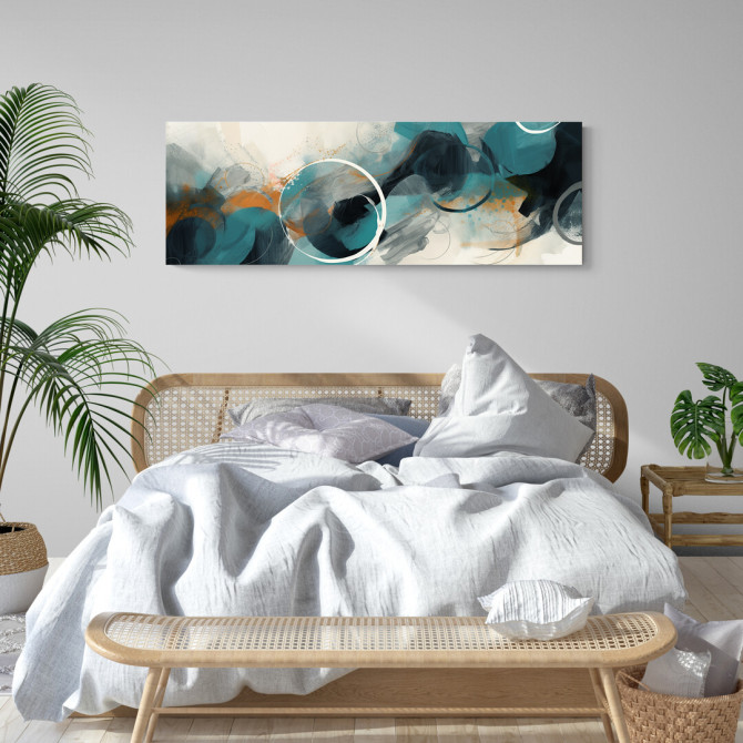 Cuadro abstracto con círculos y trazos dinámicos en tonos azules, naranjas y negros, ideal para decoración moderna-Cuadrostock