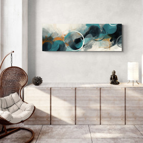 Cuadro abstracto con círculos y trazos dinámicos en tonos azules, naranjas y negros, ideal para decoración moderna-Cuadrostock