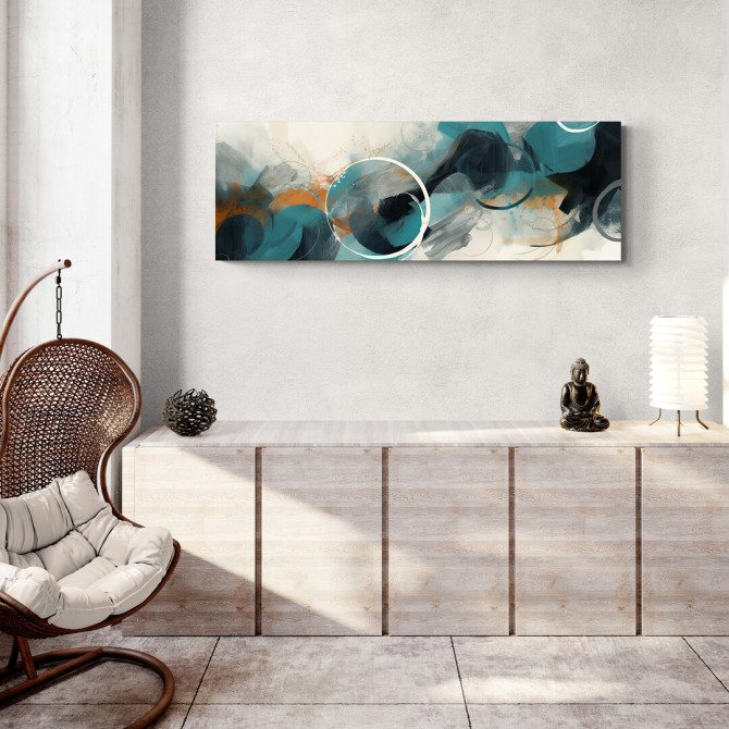 Cuadro abstracto con círculos y trazos dinámicos en tonos azules, naranjas y negros, ideal para decoración moderna-Cuadrostock