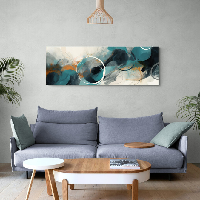 Cuadro abstracto con círculos y trazos dinámicos en tonos azules, naranjas y negros, ideal para decoración moderna-Cuadrostock
