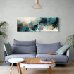 Cuadro abstracto con círculos y trazos dinámicos en tonos azules, naranjas y negros, ideal para decoración moderna-Cuadrostock