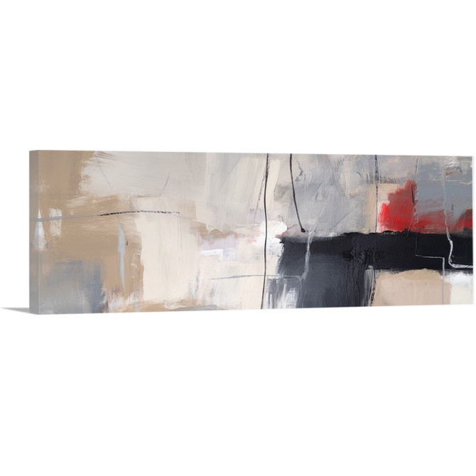 Cuadro abstracto panorámico moderno con tonos beige, negro, gris y rojo vibrante – ideal para salón o pasillos amplios