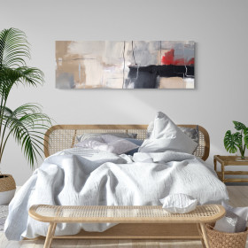 Cuadro abstracto panorámico moderno con tonos beige, negro, gris y rojo vibrante – ideal para salón o pasillos amplios