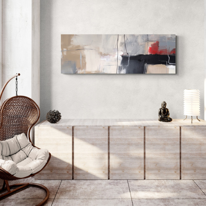 Cuadro abstracto panorámico moderno con tonos beige, negro, gris y rojo vibrante – ideal para salón o pasillos amplios