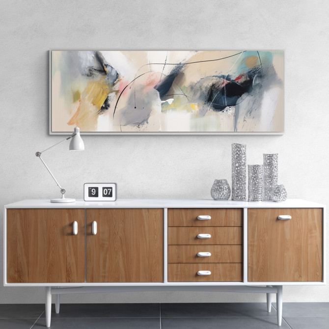 Cuadro panorámico abstracto multicolor en tonos suaves y trazos dinámicos para decoración moderna Cuadro panorámico abstracto multicolor en tonos suaves y trazos dinámicos para decoración moderna