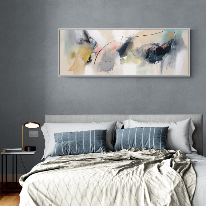 Cuadro panorámico abstracto multicolor en tonos suaves y trazos dinámicos para decoración moderna