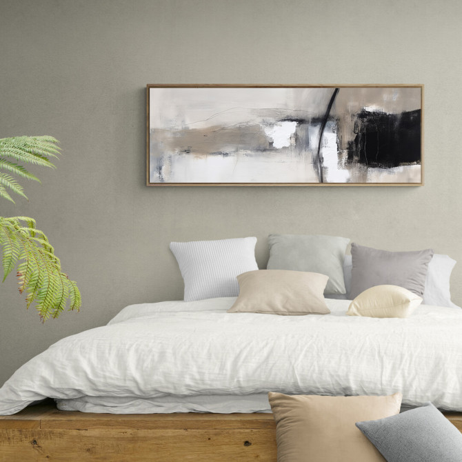 Cuadro abstracto panorámico en blanco, negro y gris, estilo contemporáneo decorativo