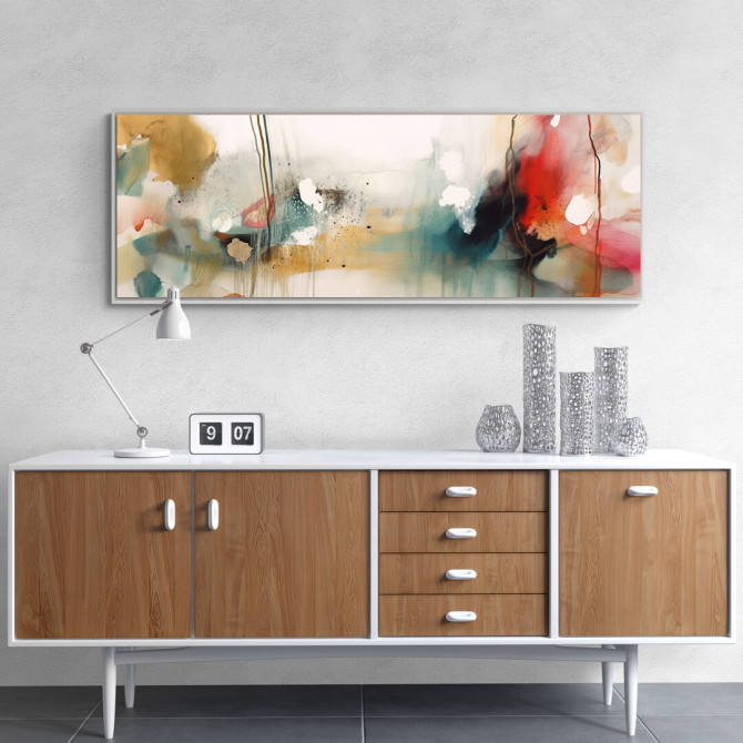 Lienzo abstracto con mezcla de colores intensos y trazos fluidos en rojo, turquesa, dorado y blanco-Cuadrostock