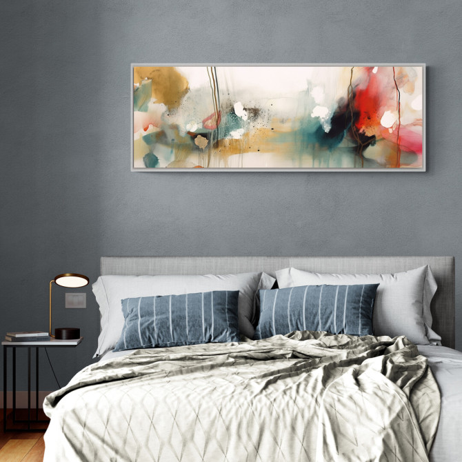 Lienzo abstracto con mezcla de colores intensos y trazos fluidos en rojo, turquesa, dorado y blanco-Cuadrostock