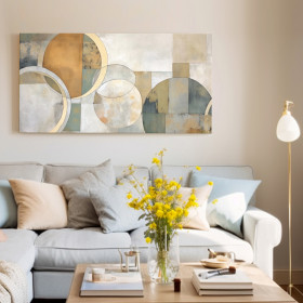 Cuadro abstracto moderno con círculos y rectángulos en tonos neutros, amarillo y gris