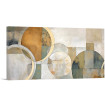 Cuadro abstracto moderno con círculos y rectángulos en tonos neutros, amarillo y gris