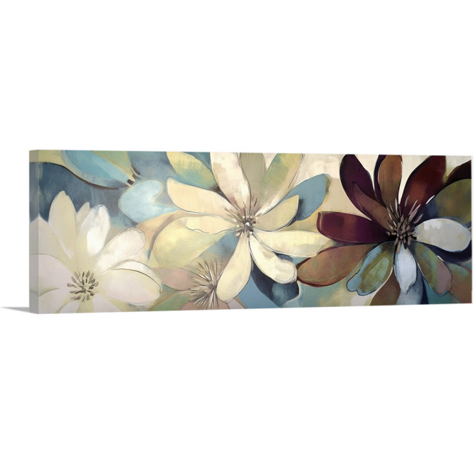 Cuadro decorativo floral con grandes pétalos en tonos crema, burdeos y azul, ideal para ambientes relajados-Cuadrostock