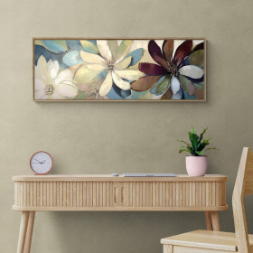 Cuadro decorativo floral con grandes pétalos en tonos crema, burdeos y azul, ideal para ambientes relajados-Cuadrostock