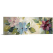 Cuadro decorativo horizontal con tres flores grandes en tonos rosa, azul y burdeos, acompañadas de hojas verdes-Cuadrostock