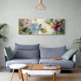 Cuadro decorativo horizontal con tres flores grandes en tonos rosa, azul y burdeos, acompañadas de hojas verdes-Cuadrostock