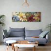 Cuadro decorativo con flores en tonos amarillos, rojos y azules sobre fondo verde-Cuadrostock