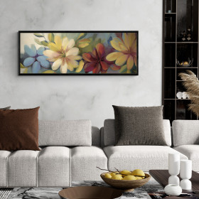 Cuadro decorativo con flores en tonos amarillos, rojos y azules sobre fondo verde-Cuadrostock