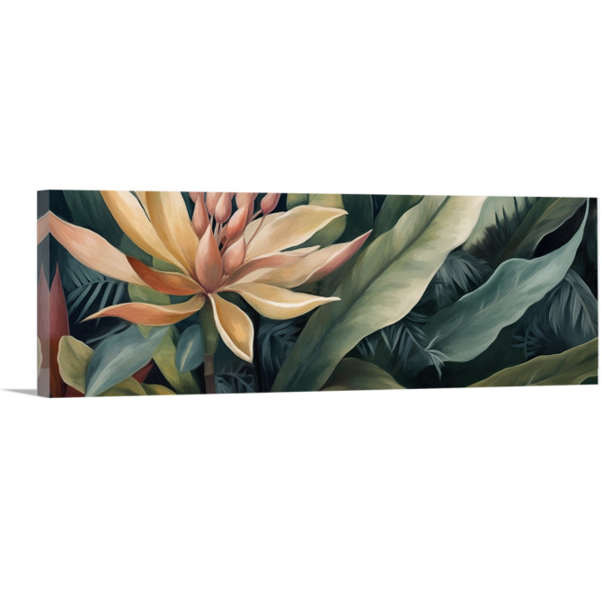 Cuadro decorativo de gran formato con flor tropical en tonos amarillos y verdes intensos.