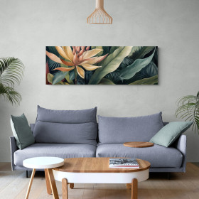 Cuadro decorativo de gran formato con flor tropical en tonos amarillos y verdes intensos.
