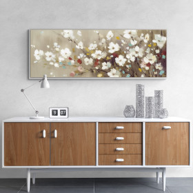 Cuadro decorativo con flores blancas y pinceladas de color sobre fondo beige- Cuadrostock
