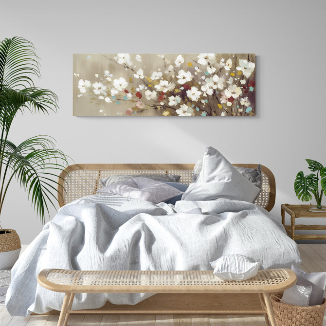 Cuadro decorativo con flores blancas y pinceladas de color sobre fondo beige- Cuadrostock