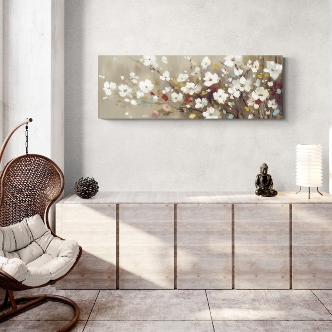 Cuadro decorativo con flores blancas y pinceladas de color sobre fondo beige- Cuadrostock