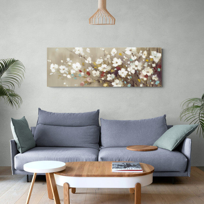 Cuadro decorativo con flores blancas y pinceladas de color sobre fondo beige- Cuadrostock