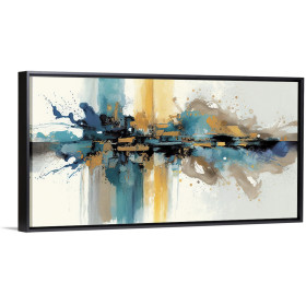 Cuadro abstracto con salpicaduras y formas fluidas en tonos azules, amarillos y negros- Cuadrostock