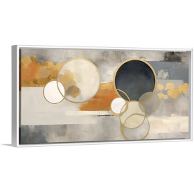Cuadro decorativo moderno con círculos ocre y fondo abstracto en tonos gris, blanco y naranja