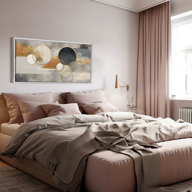 Cuadro decorativo moderno con círculos ocre y fondo abstracto en tonos gris, blanco y naranja