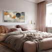 Cuadro decorativo moderno con círculos ocre y fondo abstracto en tonos gris, blanco y naranja