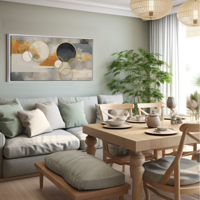 Cuadro decorativo moderno con círculos ocre y fondo abstracto en tonos gris, blanco y naranja